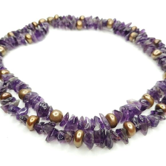 Double Strand Purple Amethyst Nugget Beaded Necklace w Bronze Colored Pearls 18" - Picture 5 of 5